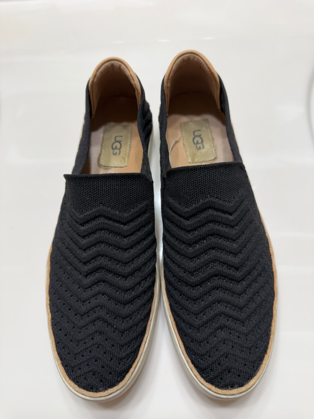 UGG Women’s Sammy Chevron Black Knit Slip-On Loafers with Tan Accent